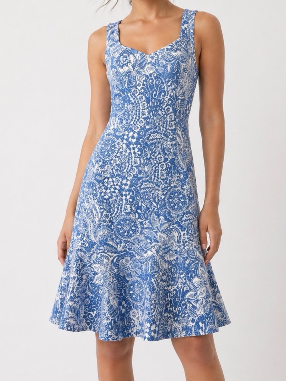 VENUS Blue White Floral Fit & Flare Midi Dress Sleeveless A-Line Summer Medium